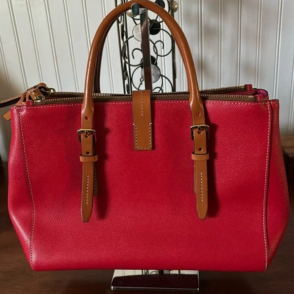 Dooney & Bourke Miller Leather Satchel—Red with tan handles - Picture 2 of 15